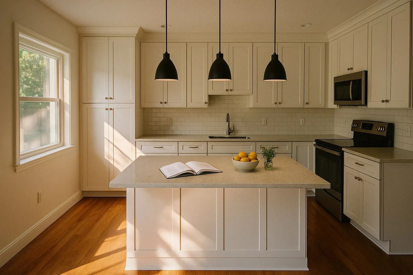 Modern white kitchen with marble countertops, pendant lighting and dining area — South Blue Enterprises kitchen install Deerfield Beach FL